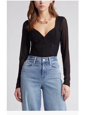 Black Long-Sleeve Sweetheart Bodysuit with Sheer Sleeves
